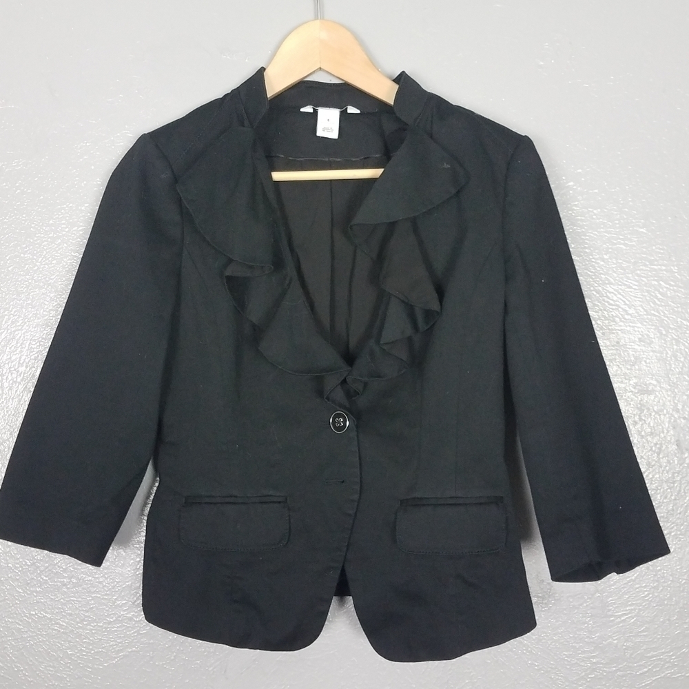 White House Black Market Black Ruffled Neck Cinched Back Cardigan Jacket Size 4